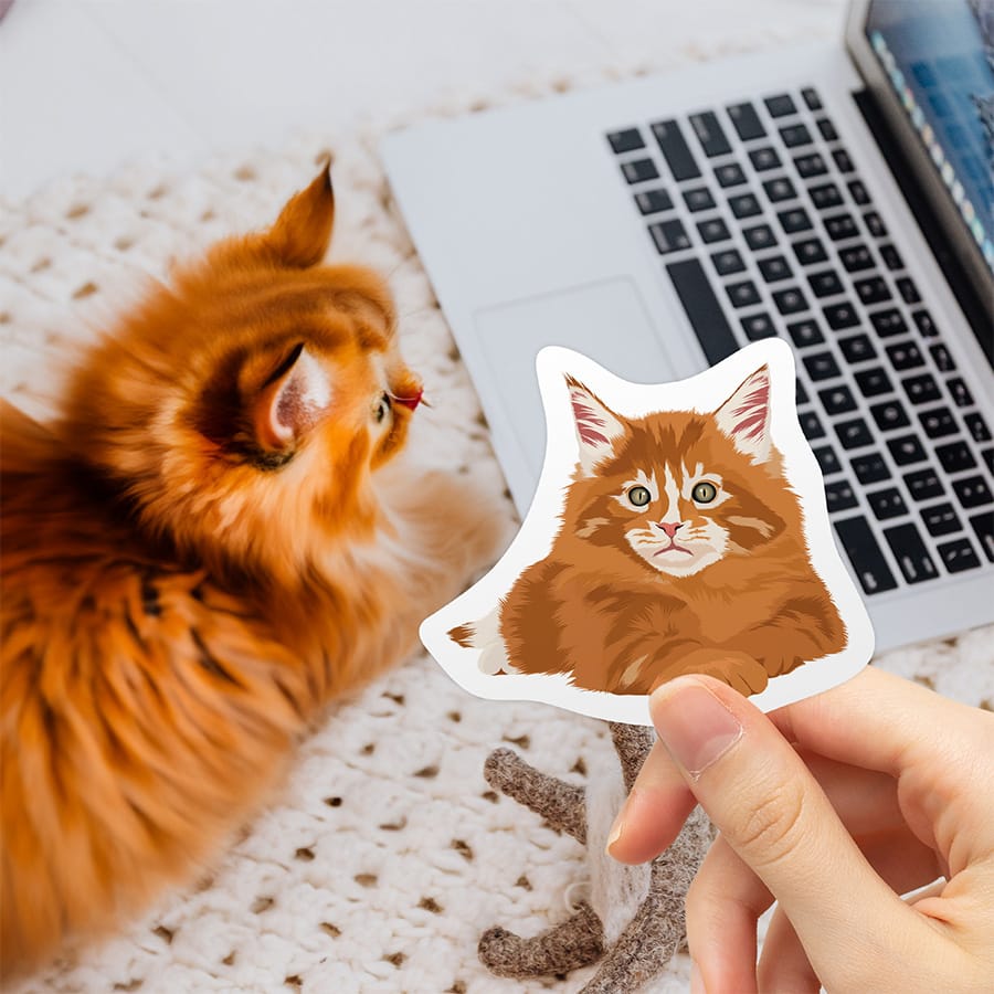 Custom hand-drawn cat sticker from photo, personalized pet portrait vinyl decal by Kinderry